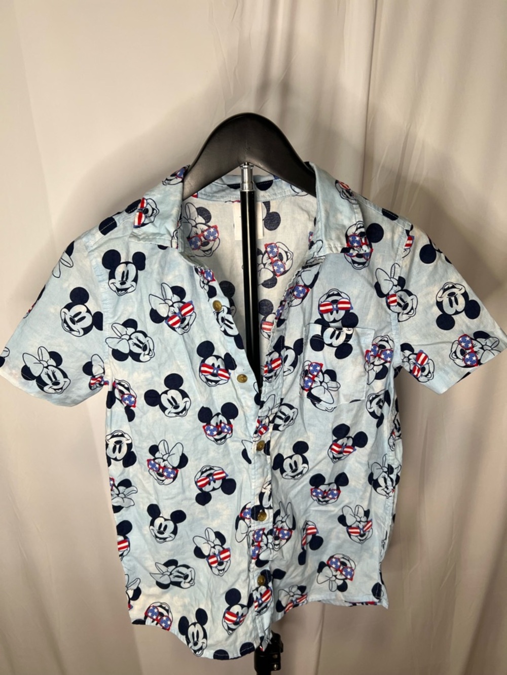 Disney Light Blue Mickey and Minnie Print Short Sleeve Button-Down Shirt